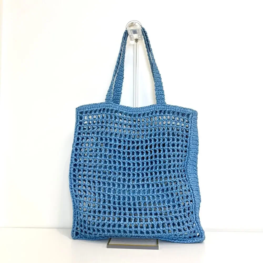 PRADA Blue Yarn Raffia Effect Crochet Logo Embroidered Tote Bag Black Shoulder